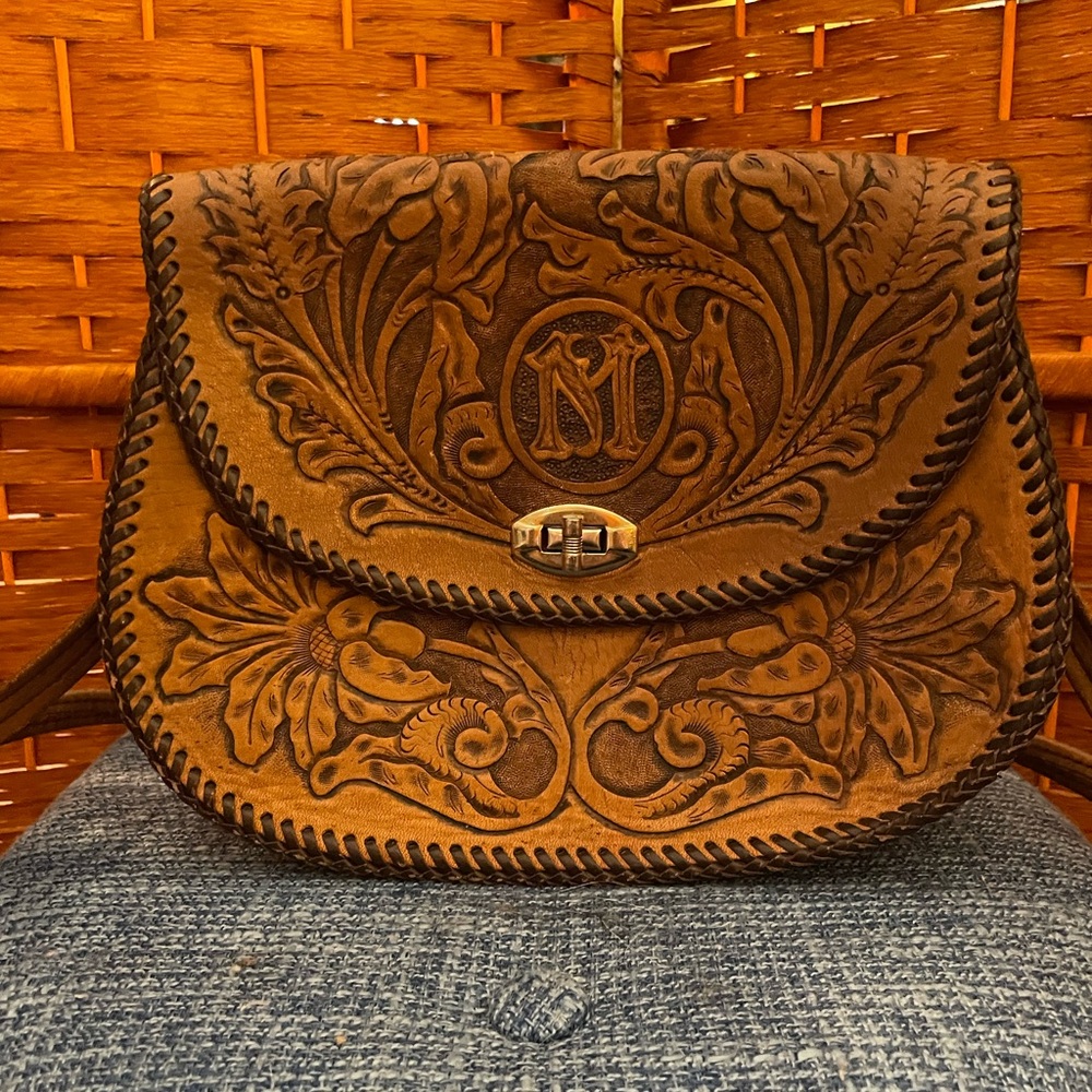 Brown Tooled Leather Shoulder Bag with Braided Trim